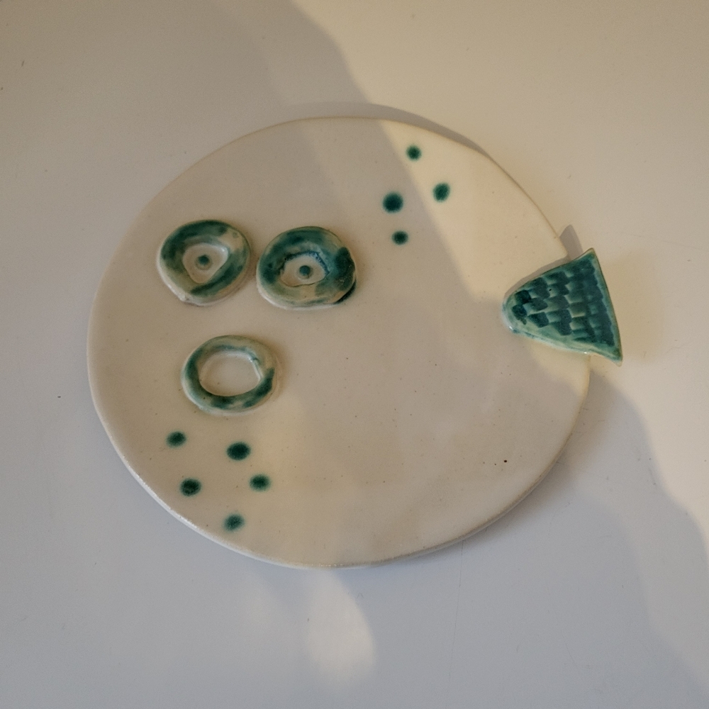 Artist Signed Art Pottery Creme and Turquoise Puffer Fish Plate